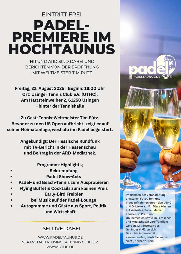 Plakat mit Programmhinsweis für Eröffnungsfeier - Padel-Taunus